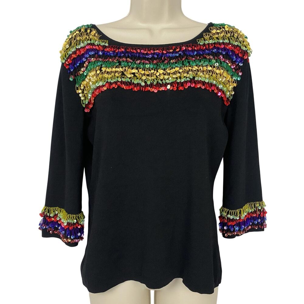 Joseph A Sweater Womens XL Black Sequin Trim‎ Colorful Rainbow Party Cruise Glam
